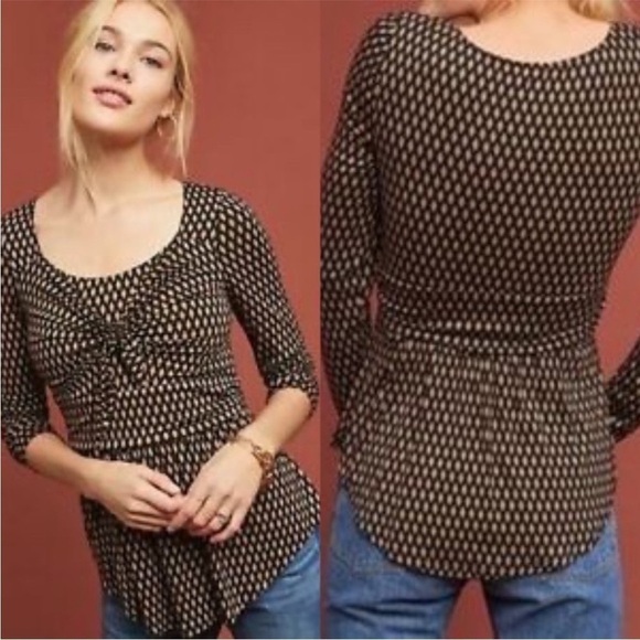 Anthropologie Meadow Rue Tan and Black Josalyn Diamond Print Tie Front Top - Picture 5 of 8